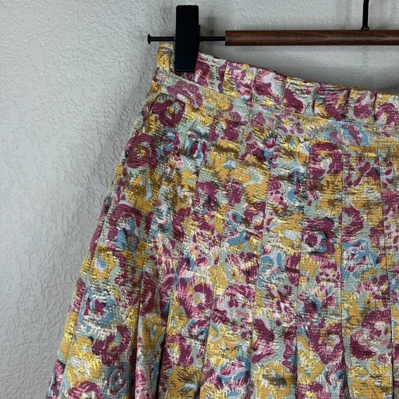 Zac Posen Skirt Women 9 Brocade Floral Metallic Pleated Skirt Multicolor Preppy - Picture 4 of 11